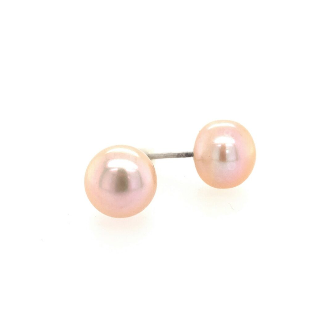 pink freshwater button pearl studs earrings sterling silver