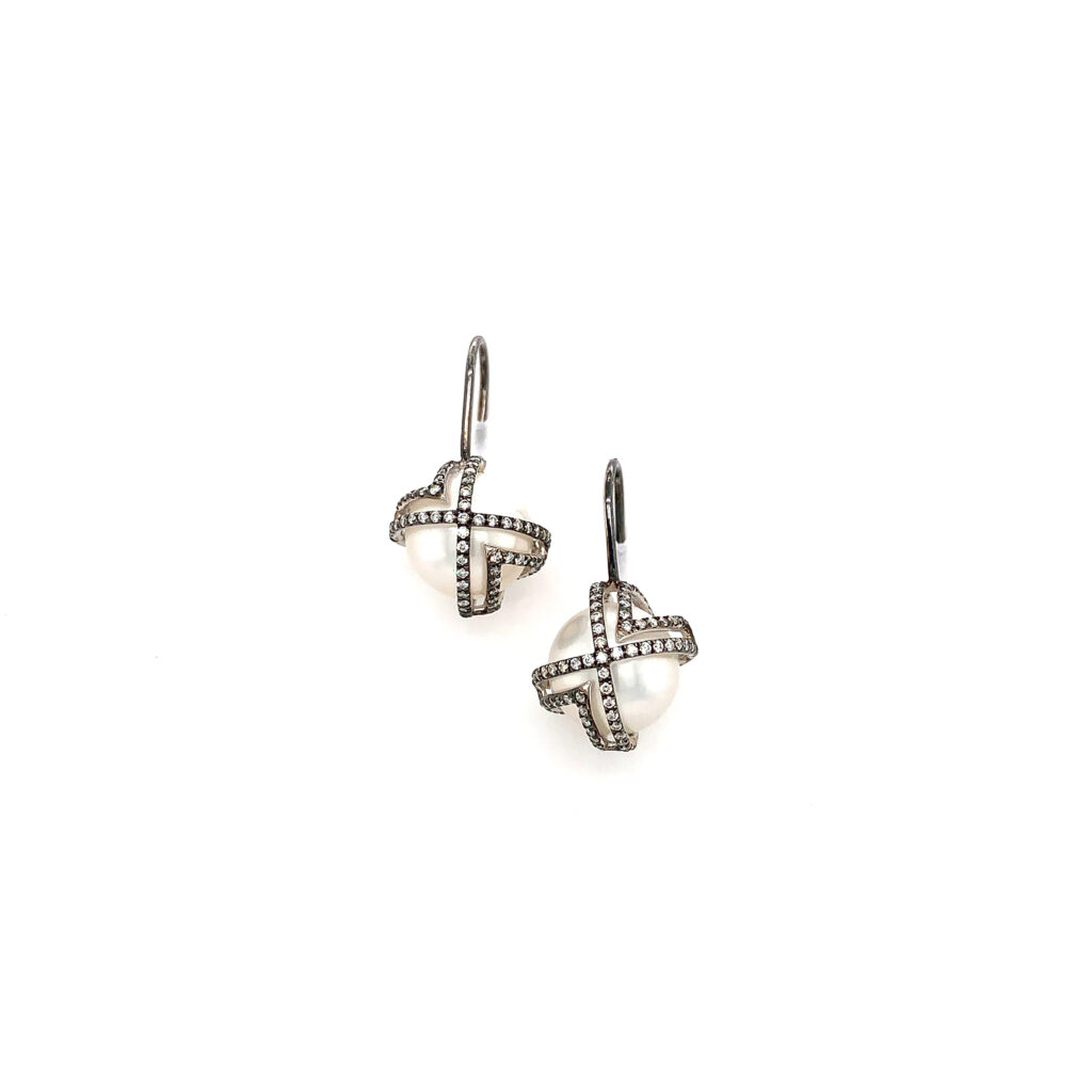 Black Zig Zag Caged Diamond and Pearl Earrings