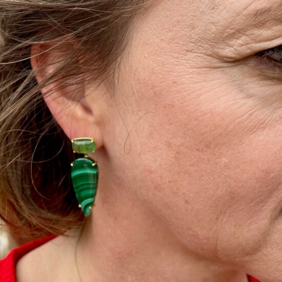 Oval Tsavorite and Pointed Pear Malachite Earrings on model