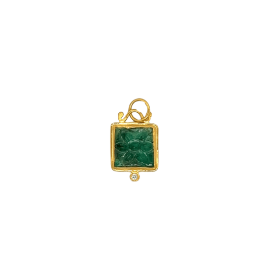 24K Yellow Gold Square Emerald Pendant with Diamond